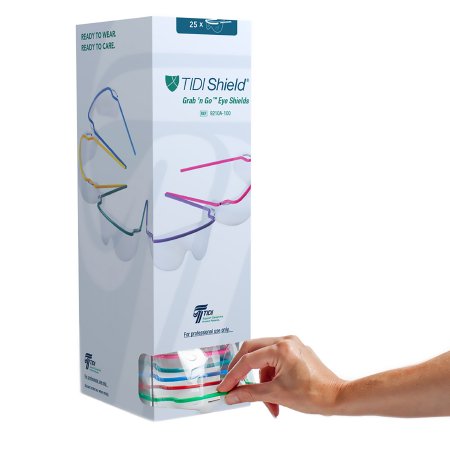 Shield Eye Disposable Protective Glasses with Dispenser TIDIShield® Grab 'n Go Wraparound Clear Tint Assorted Color Frames Over Ear One Size Fits Most (25/BX 4BX/CS) by TIDI Products, LLC  ID 9210A-100